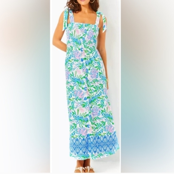 Lilly Pulitzer Dresses & Skirts - Lilly Pulitzer Floral Tie-Shoulder Maxi Dress in Blue, Green, Pink